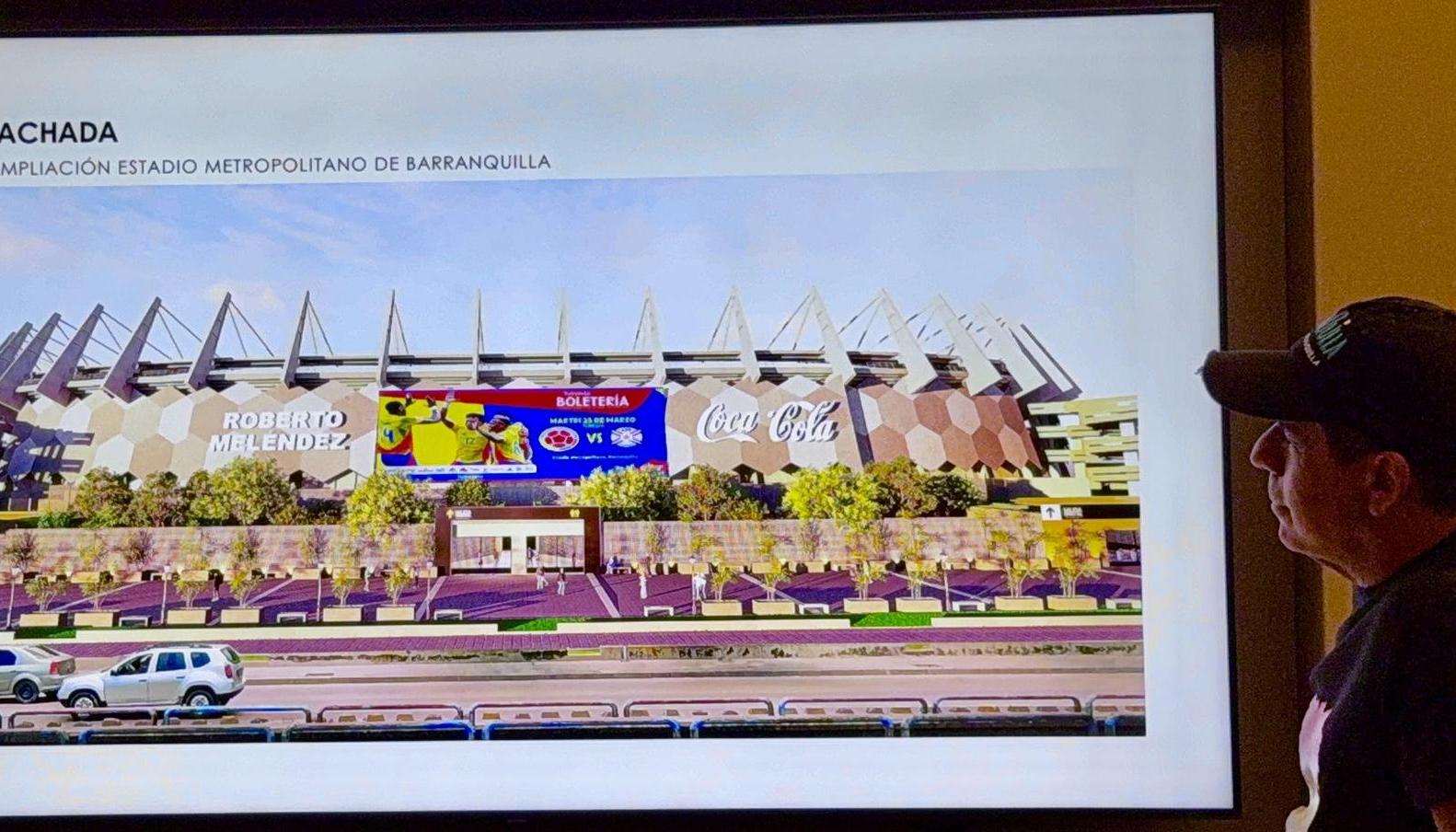 El alcalde Alejandro Char y la fachada que presentará el estadio Metropolitano tras su remodelación.