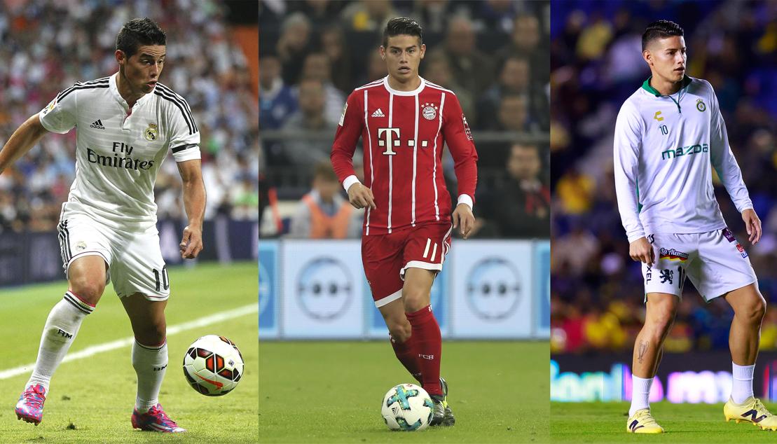 James Rodríguez con las camisetas del Real Madrid, Bayern Múnich y León. 