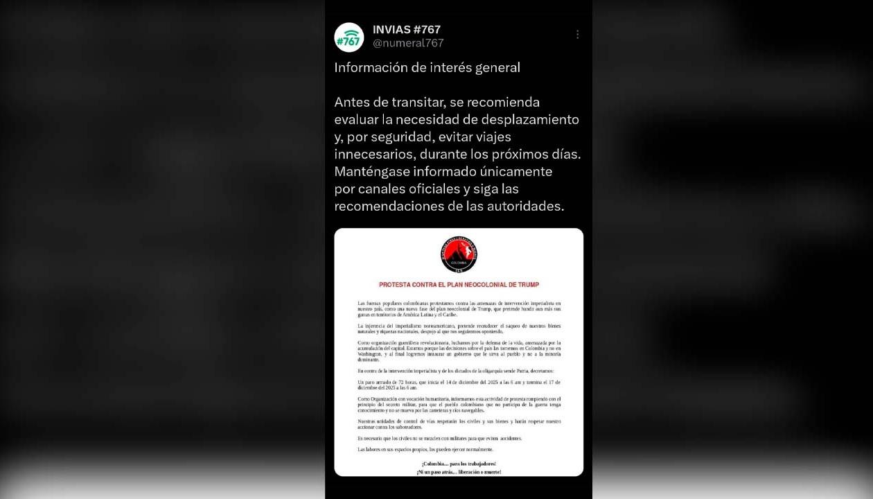 Post publicado en la cuenta adscrita al Invías y que generó la polémica. 