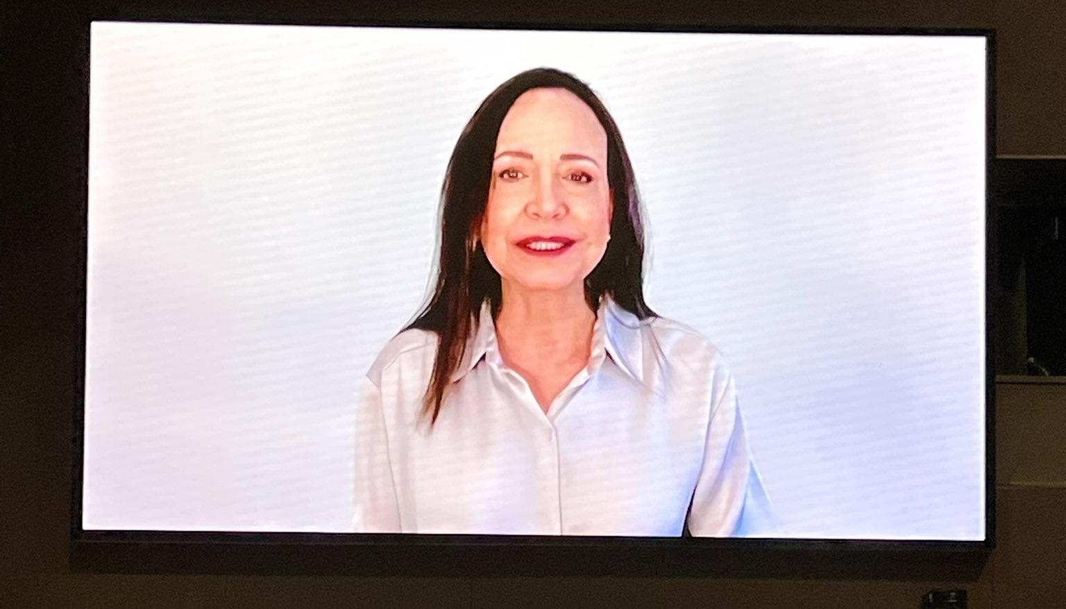 María Corina Machado en intervención virtual en el World Forum for Democracy 2025