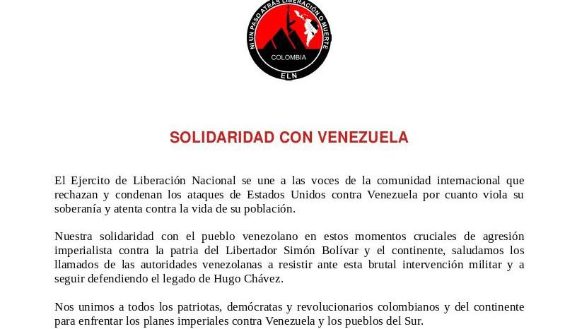 Comunicado del ELN sobre incursión de EE.UU. en Venezuela
