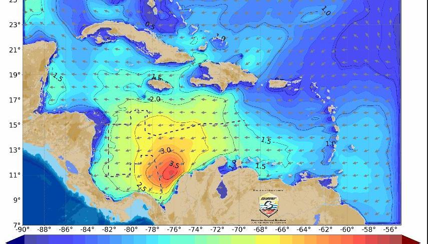 Interacción de sistemas atmosféricos en el mar Caribe.