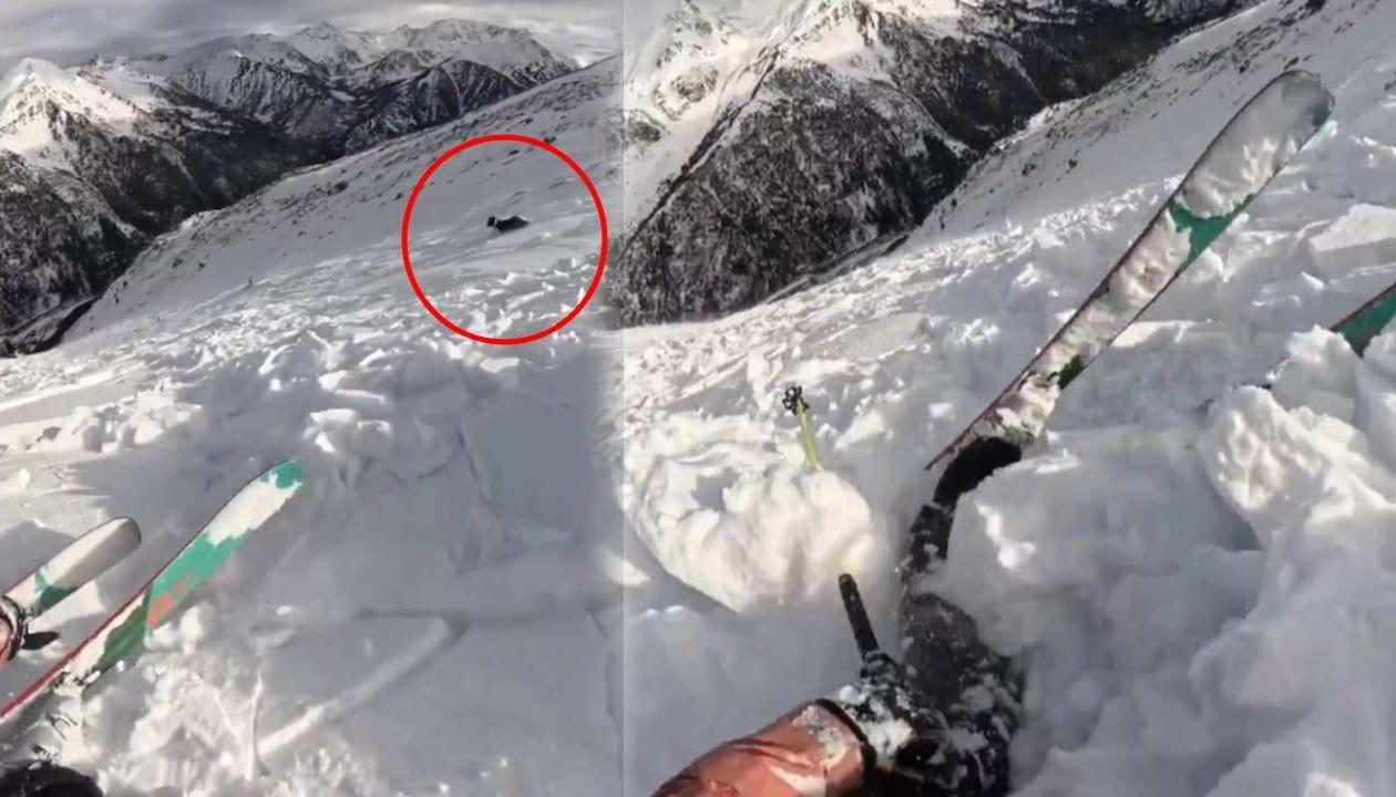 Momento en que la avalancha arrastraba a la mujer y a su mascota. 