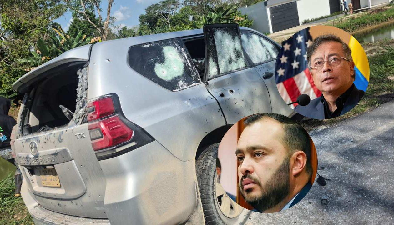 Carro del esquema de seguridad baleado, el Presidente Gustavo Petro y el senador Jairo Castellanos.