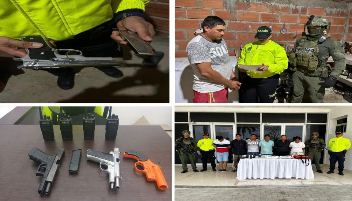 Los capturados y las armas incautadas.