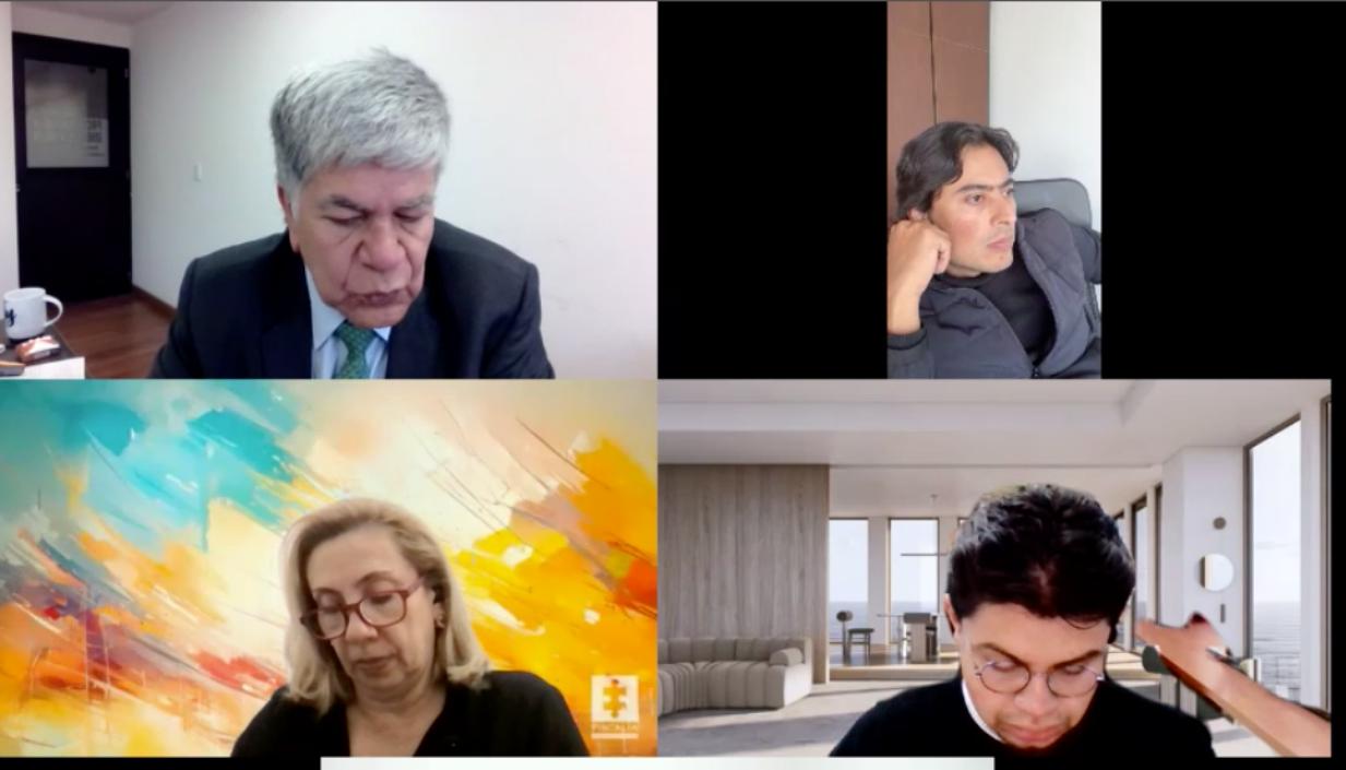 Procurador Henry Bustos (arriba a la izquierda) interviniendo en la audiencia preparatoria a juicio contra Nicolás Petro. 