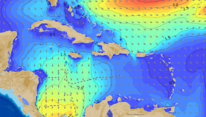 Mapa de altura y dirección de la ola en la cuenca Caribe colombiana. 
