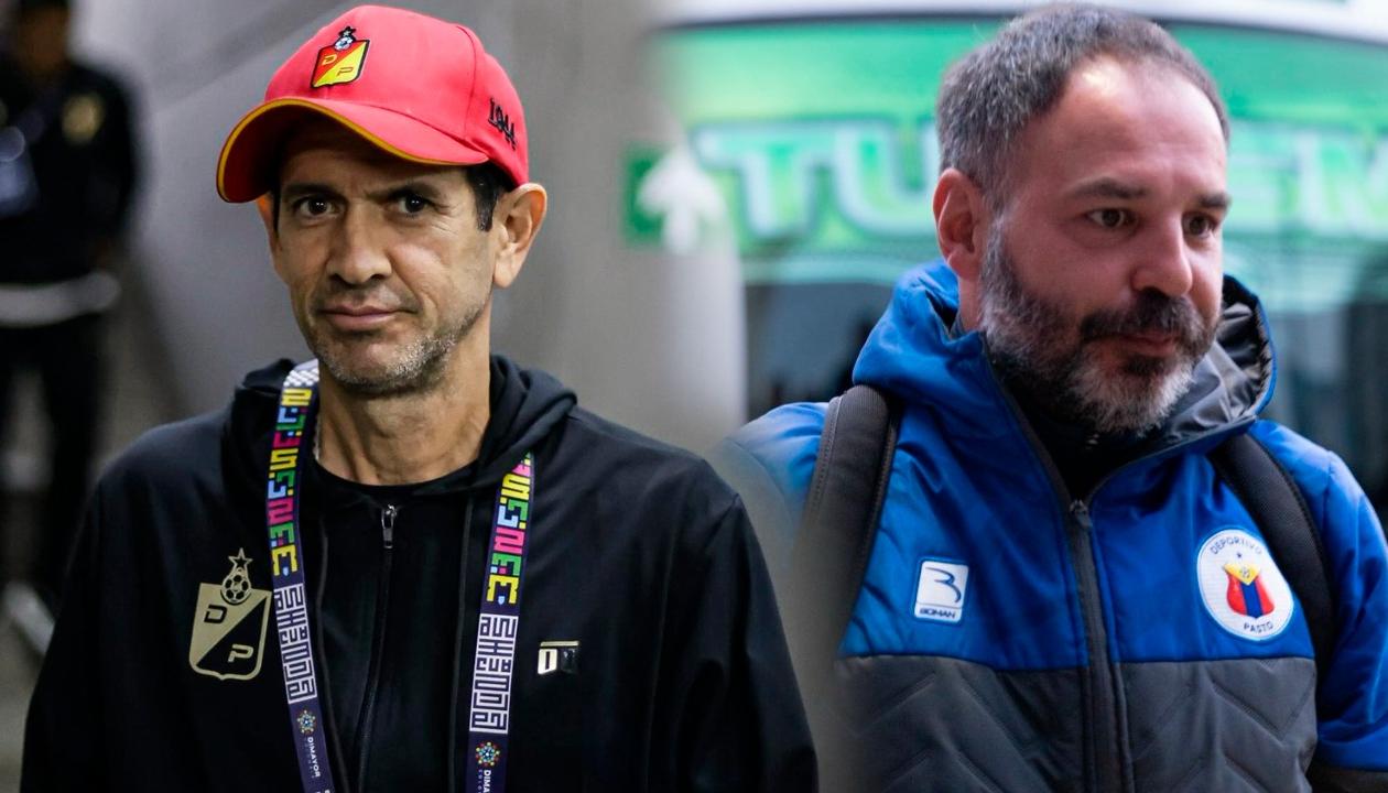 Arturo Reyes, técnico del Pereira, y Jonathan Risueño, entrenador del Pasto.