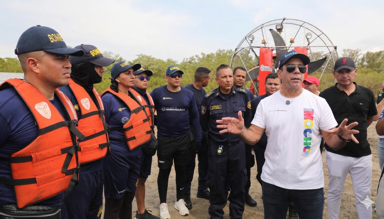 El alcalde Alejandro Char y el Cuerpo de Bomberos.