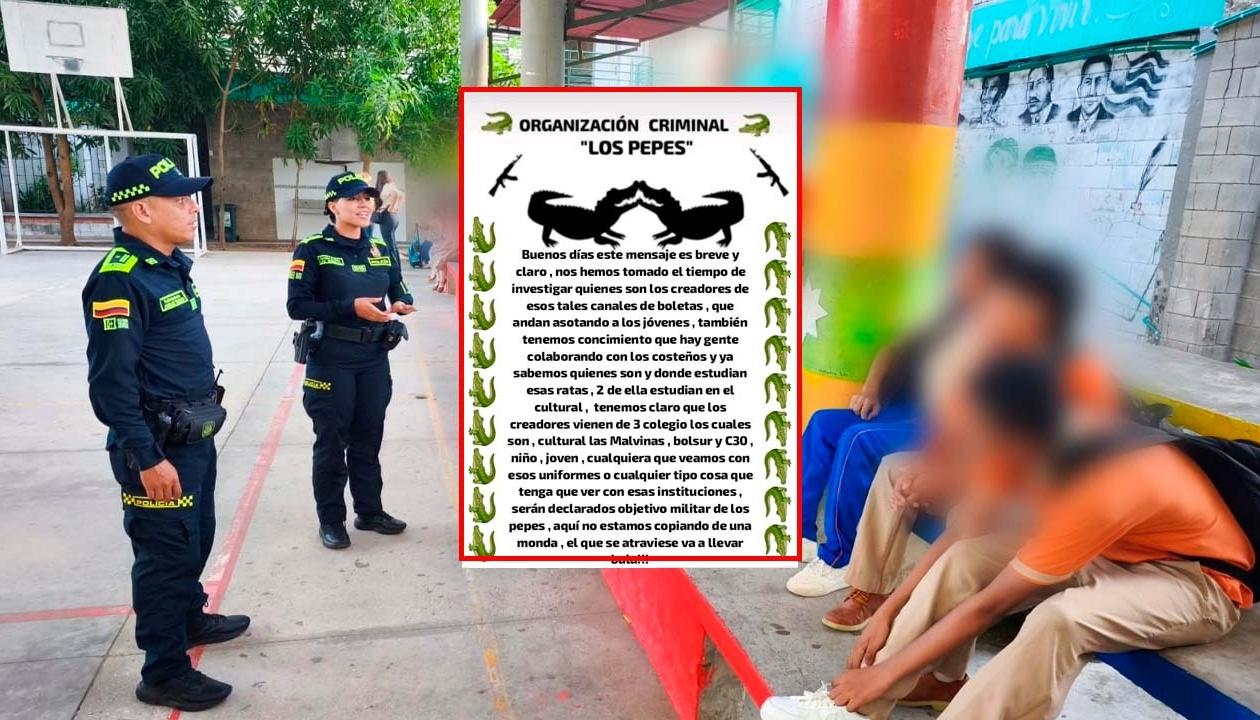 Imagen de una visita de la Policía a uno de los colegios y del panfleto.