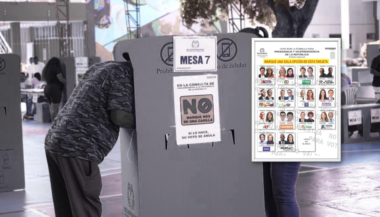 Un ciudadano ejerce su derecho al voto. Tarjeta electoral de presidenciables. 