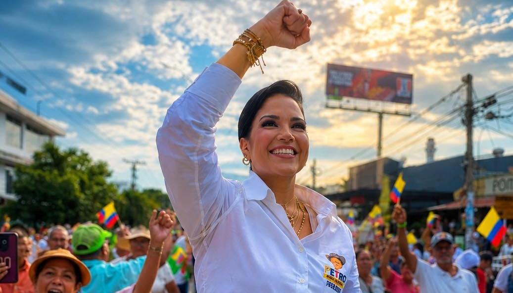 Marta Cantillo, alcaldesa de San Onofre, con una camiseta que tiene la imagen de Petro.