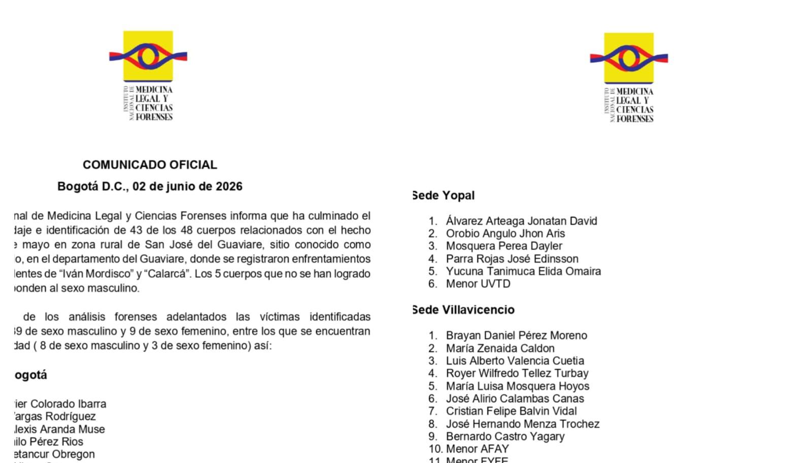 Comunicado de Medicina Legal