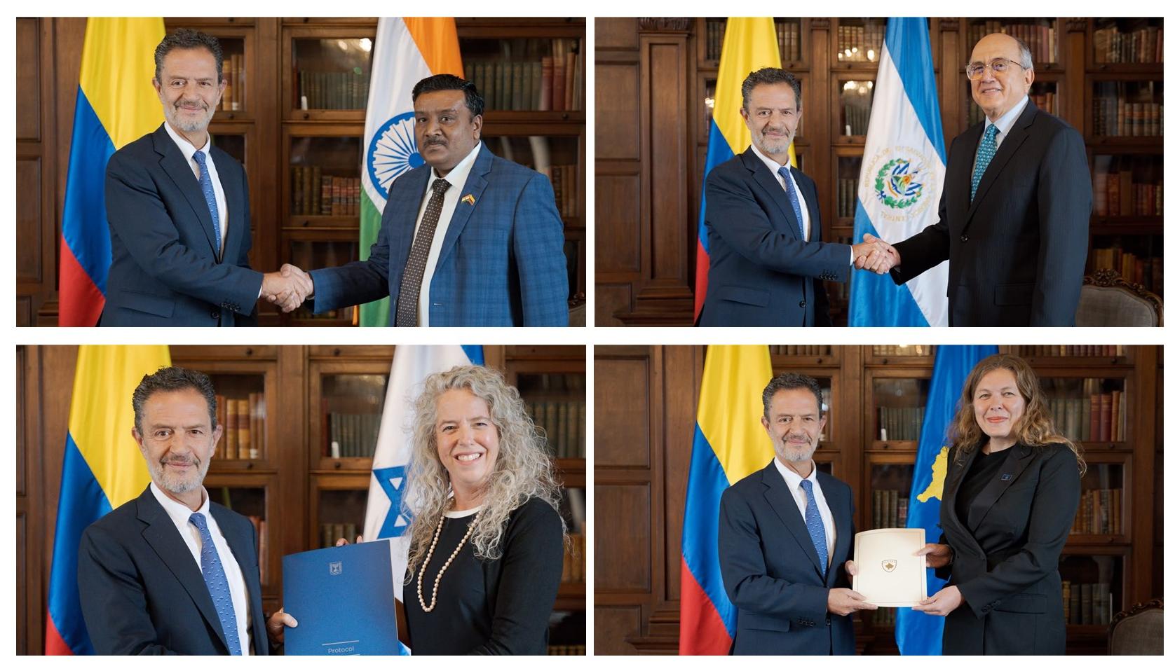 El Canciller con los embajadores de India, El Salvador, Israel y Kosovo