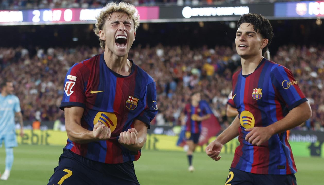 El festejo de Fermín tras marcar el segundo gol del Barcelona. 