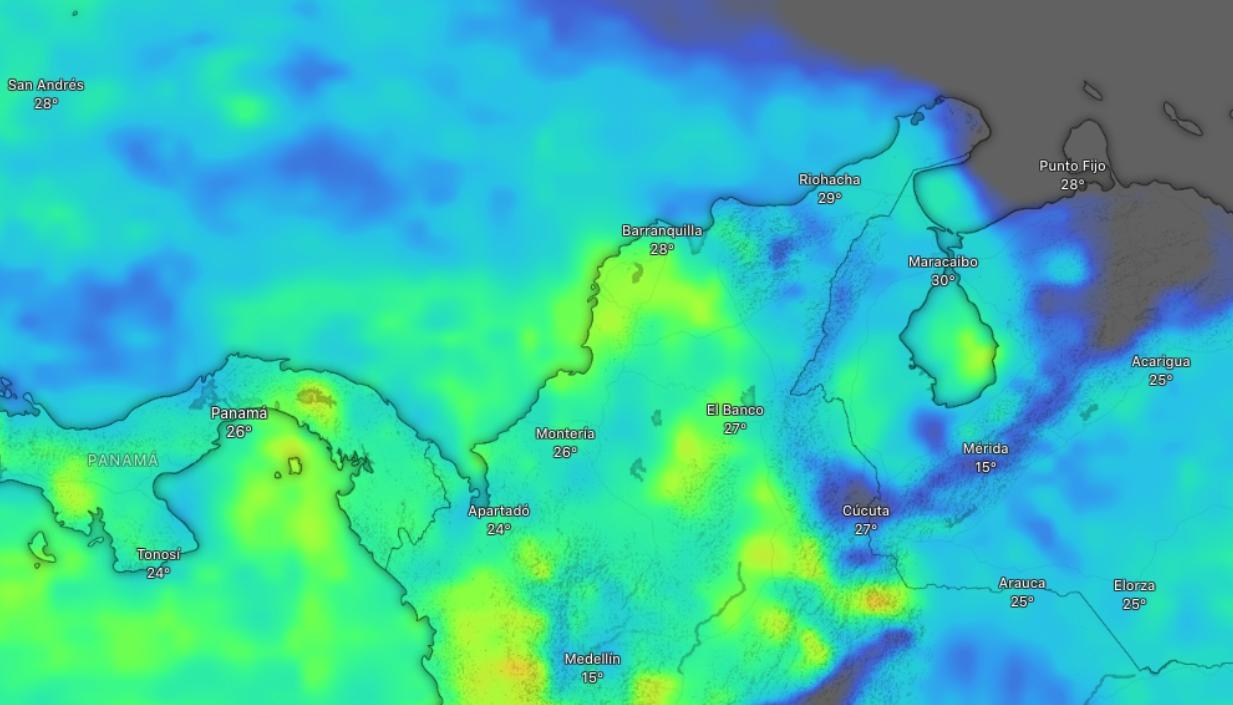 Colores azul y amarillo se refiere al mayor acumulado de lluvias para este fin de semana en la Región Caribe. 
