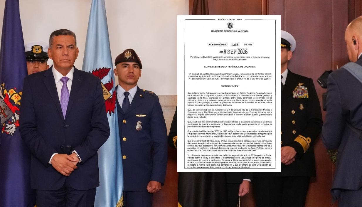 El Ministro de Defensa, Jorge Mora, y la imagen del Decreto.
