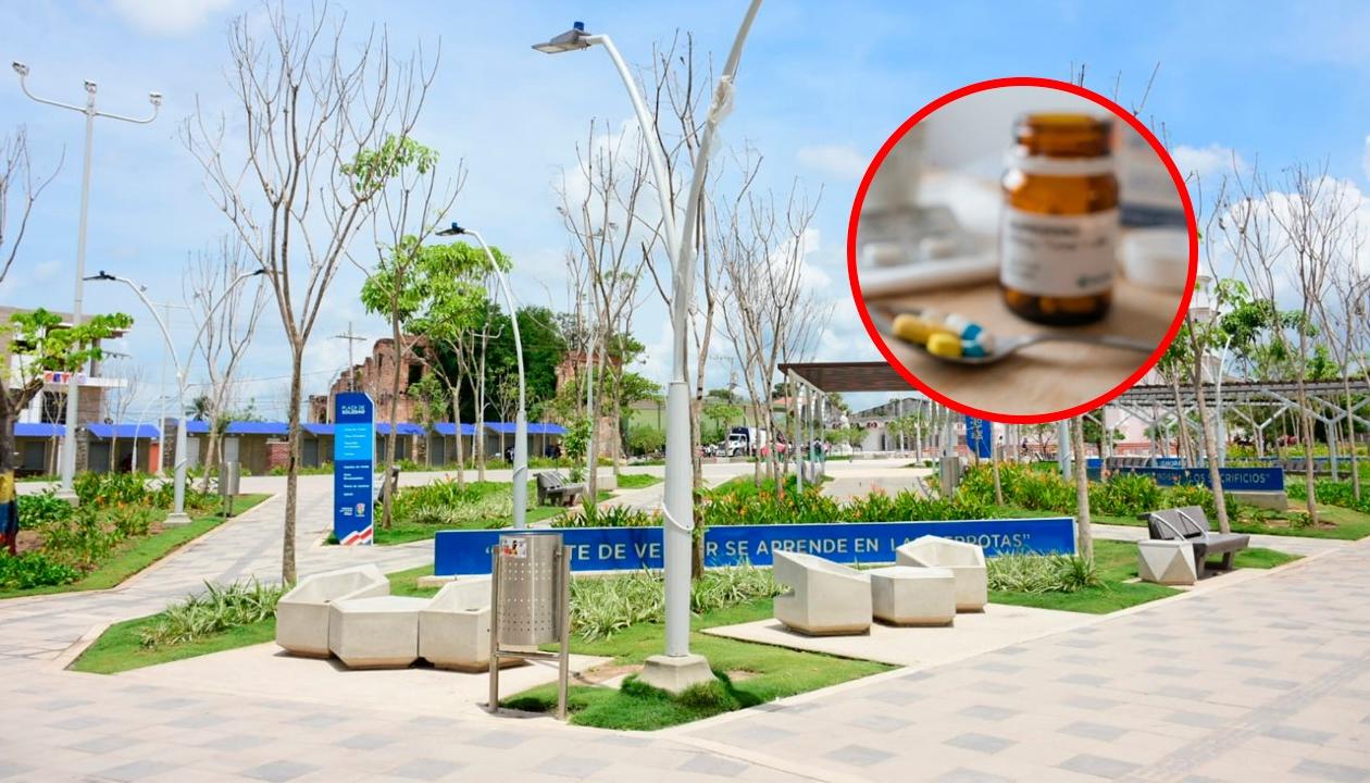 Plaza de Soledad e imagen de medicamento.