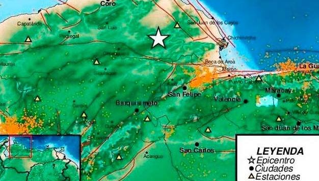Sismo reportado en los estados de Falcón y Yaracuy, a 55 kilómetros  de la localidad de Churuguara. 