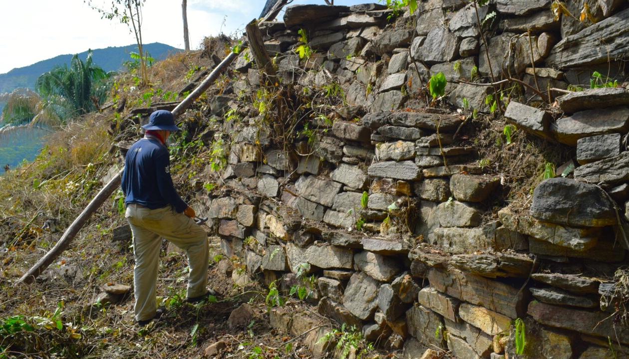 Estudiante de Geología estudia roca en uno de los muros de la terraza monumental de Betoma.