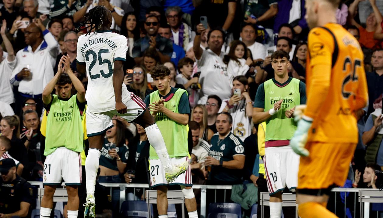 La celebración de Yan Diomande.