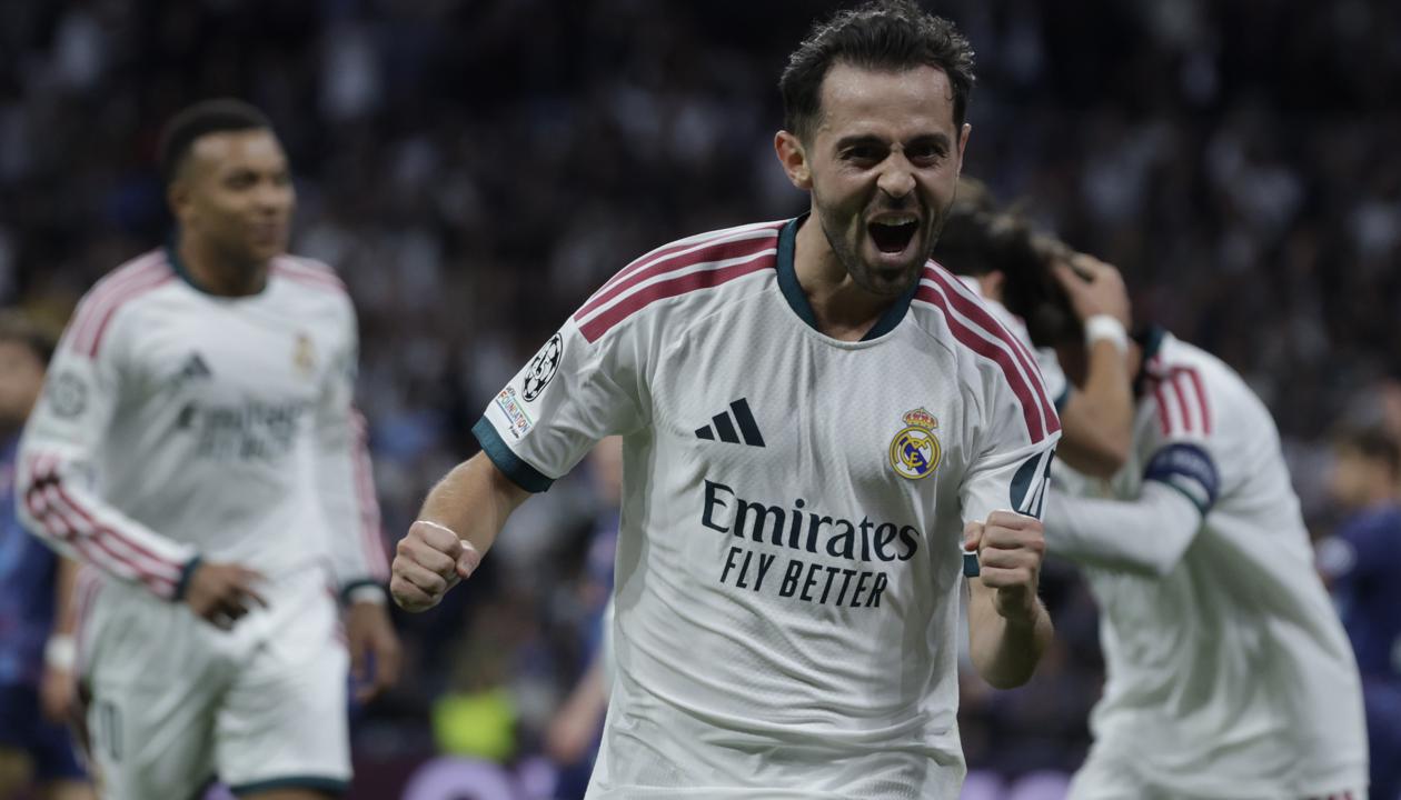 Bernardo Silva festeja tras marcar su primer gol con la camiseta del Real Madrid.