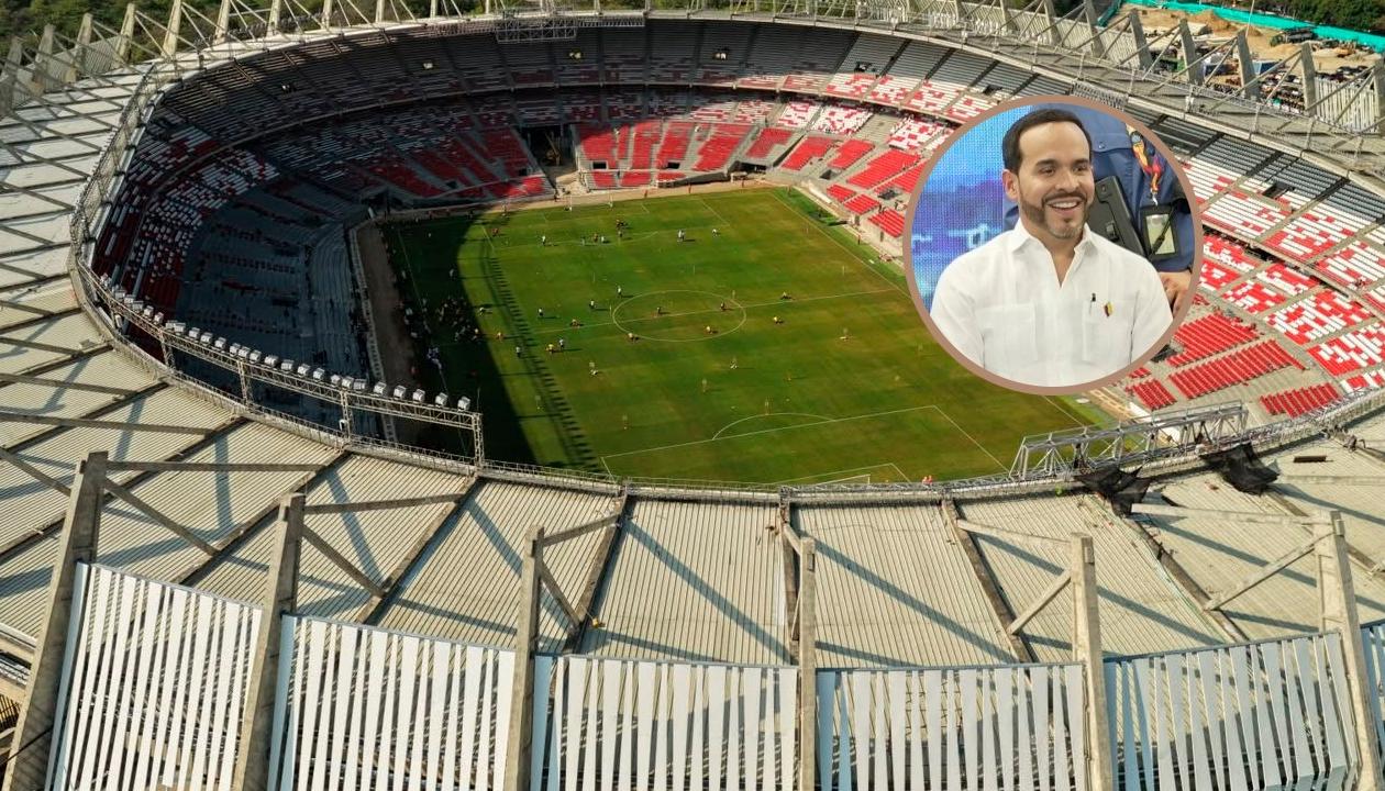 Estadio Metropolitano de Barranquilla y el Presidente Abelardo De La Espriella (círculo). 