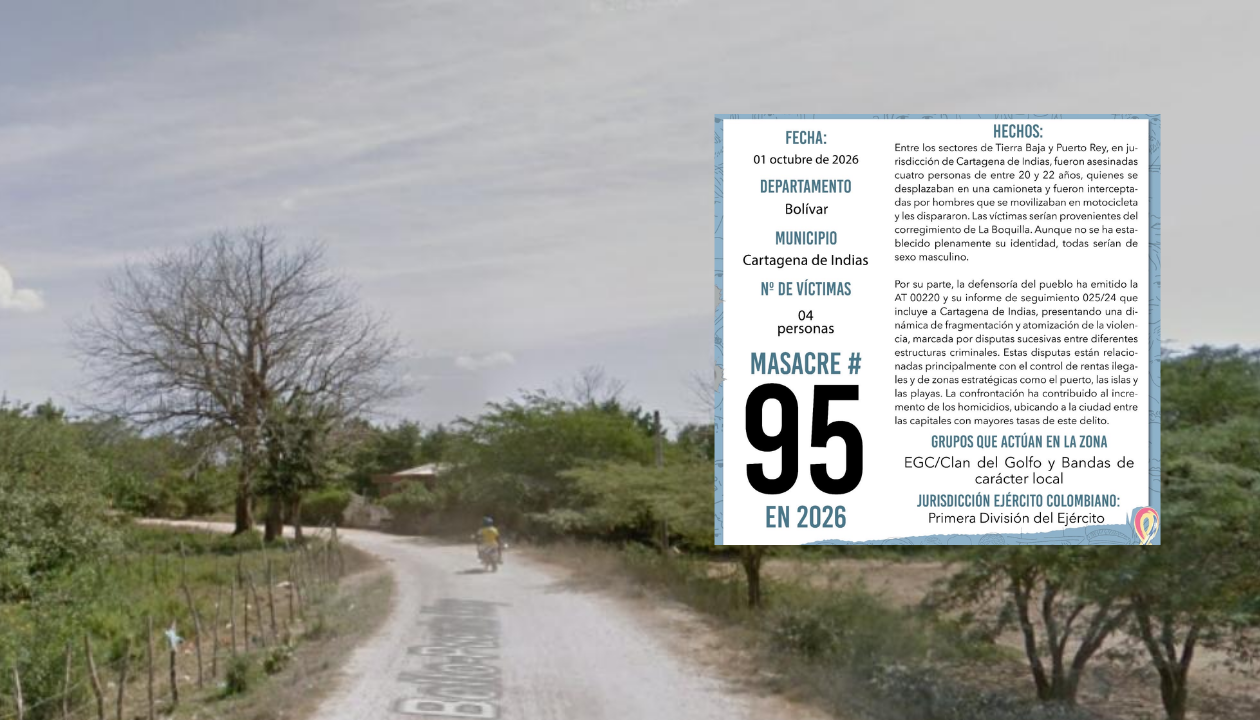 Entrada a la vereda Puerto Rey, donde ocurrió la masacre y panfleto.