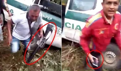 Con fusil y celulares en mano, las personas se retiran de la patrulla emboscada.