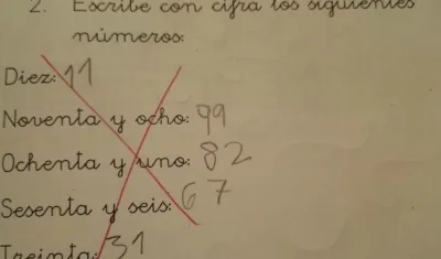 Escribe con cifra los siguientes números y la respuesta del niño fue la que se observa en la foto.
