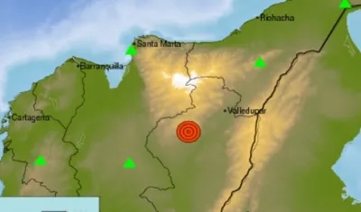 El punto rojo muestra el epicentro del sismo ocurrido esta madrugada en el Cesar.