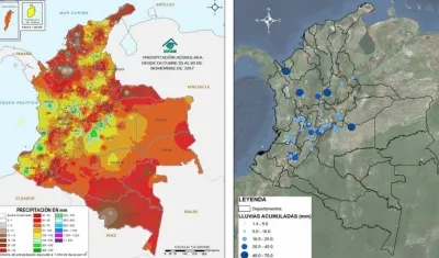 Los mapas muestran los niveles de precipitación y situación actual en los diferentes departamentos.