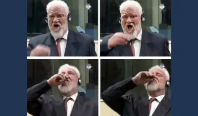 Un criminal de guerra bebe un supuesto veneno ante la Corte de la antigua Yugoslavia.