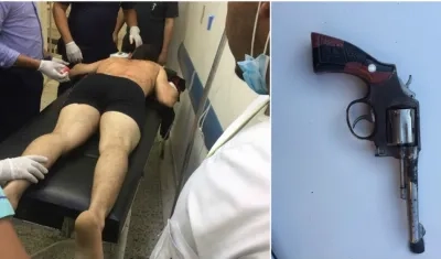 Momentos en que era atendido uno de los dos presuntos ladrones y el arma de fuego incautada.