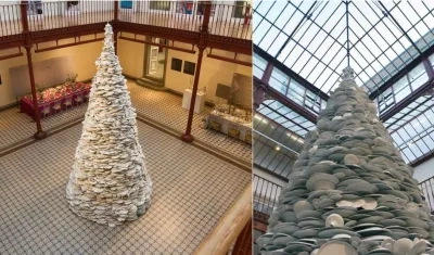 Este es un singular árbol de Navidad, de cinco metros de altura, elaborado únicamente con platos blancos de porcelana.