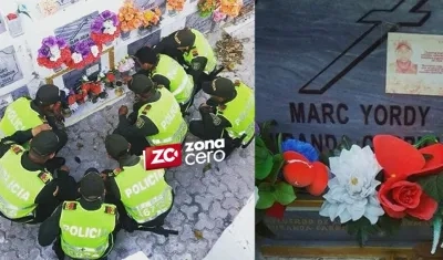 Varios de los compañeros alrededor de la tumba de Marc Jordi.