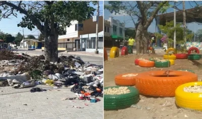 El antes y el después del jardín del polideportivo.