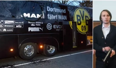 Bus del Dortmund después de la explosión y Sergei W., autor del atentado.