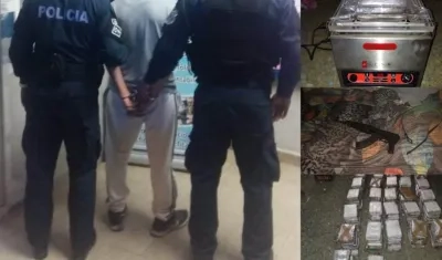 El capturado, la droga incautada, el fusil y la máquina de embalaje. 