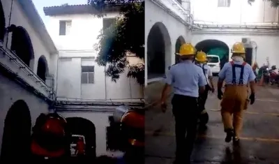 Momentos en que el joven se lanzó al vacío y fue auxiliado por bomberos y médicos del hospital.