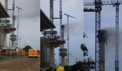 Momento de la emergencia en uno de las pilas del nuevo puente Pumarejo.