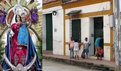 La Virgen del Rosario y los miembros de la Hermandad esperando a vestirla en Mompox.