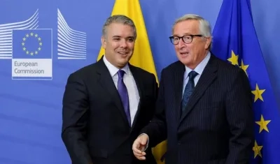 El presidente de la Comisión Europea, Jean-Claude Juncker (d), recibe al presidente colombiano, Iván Duque.