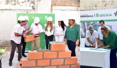 El Alcalde Alejandro Char, la secretaria de Educación Bibiana Rincón, y el Director del Sena, Carlos Mario Estrada, durante la puesta de la primera piedra de la sede del SENA TICS e Innovación en El Prado. 