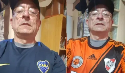 Luis Ramón Gómez Soto con las camisetas de Boca y de River. 