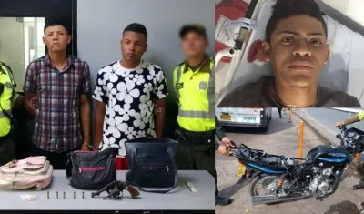Los capturados, el arma y la moto incautada, y los objetos recuperados.