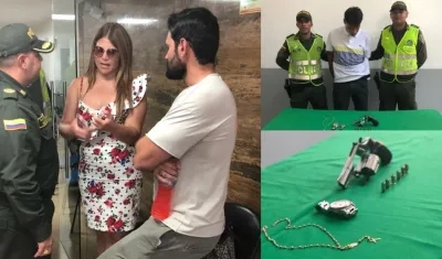 Diva Jessurum, su novio Rafael Caparroso, el capturado y los objetos recuperados.