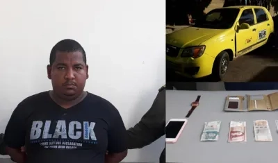 Fray Mercado Villegas, el taxi que usaba para robar y las pertenencias recuperadas. 