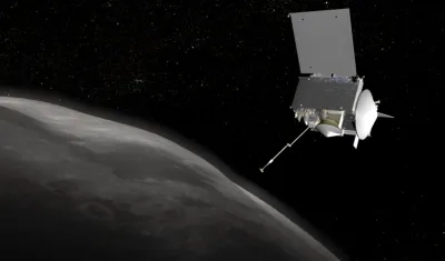 Imagen virtual de la nave OSIRIS-REx junto al asteroide Bennu.