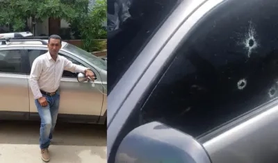 Iván Choles y los impactos de bala que recibió su camioneta.